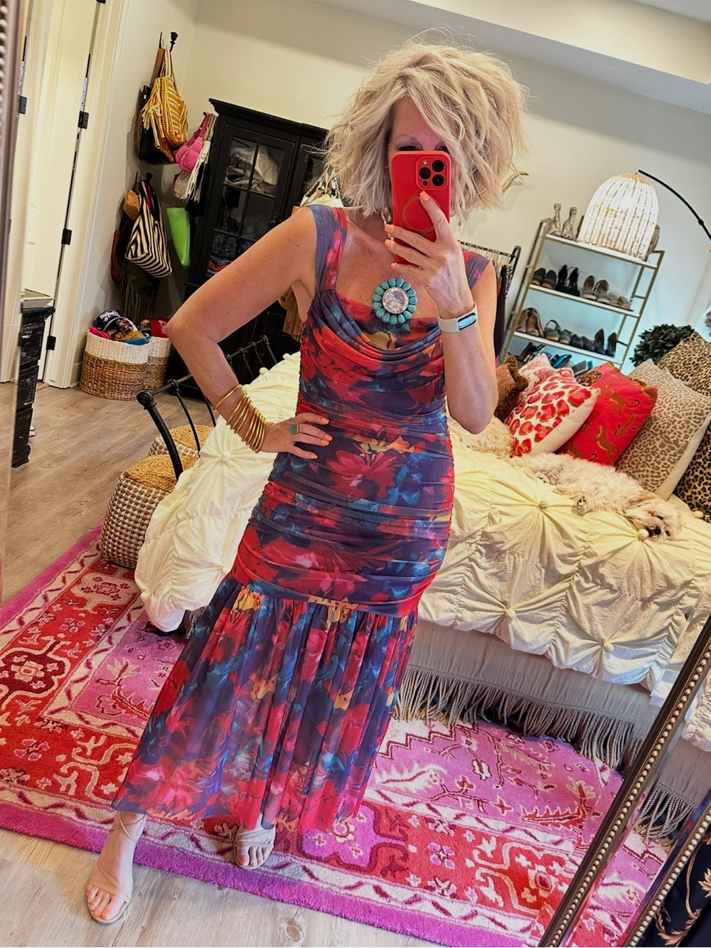 Amazon Pink Floral Mesh Maxi Dress with Blue Accents - Picture 2 of 13